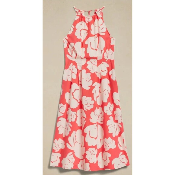 Banana Republic Size 18 Poplin Halter Midi Dress Red White Floral Spring